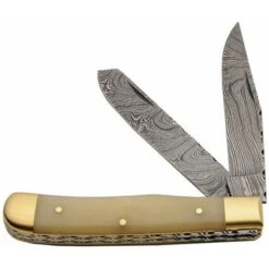 Damascus Steel Trapper Pocket Knife W/ Natural Bone Handles DM-1181