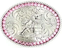 Nocona 37380 Oval Buckle With Pink Rhinestones And Barrel Racer