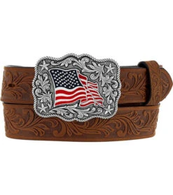 Justin Floral Tooled Leather Kids Belt American Pride Buckle Brown
