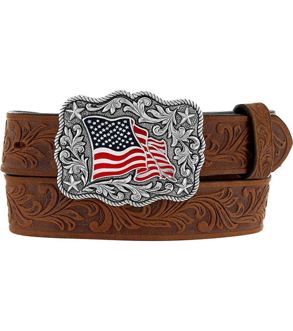 Justin Floral Tooled Leather Kids Belt American Pride Buckle Brown 3 Justin Floral Tooled Leather Kids Belt American Pride Buckle Brown