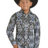 ROCK & ROLL BLUE AZTEC PRINT STRETCH BOYS SNAP SHIRT