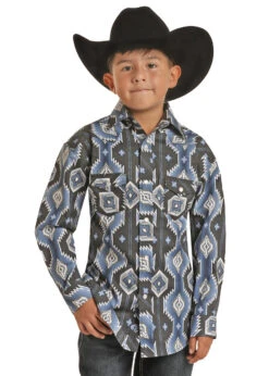 ROCK & ROLL BLUE AZTEC PRINT STRETCH BOYS SNAP SHIRT