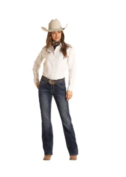 Rock & Roll Denim Women's Dark Wash Leopard Detail Pockets Mid Rise Boot Cut Riding RRWD4RR0KM Jeans- -Western Cowboy Equipment RRWD4RR0KM A 1