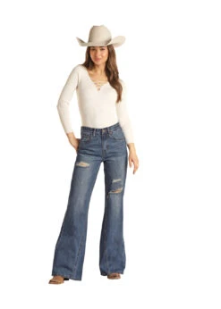 Rock&Roll Denim Distress Flare Comfort Palazzo Jeans RRWD8HR0GX