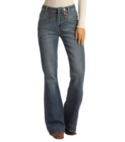 Rock And Roll Cowgirl Ladies High Rise Medium Wash Button Detail Trouser Jean W8H1665