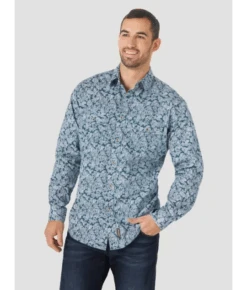 Men's Wrangler Retro® Long Sleeve Button-Down Print Shirt In Blue MVR575Q