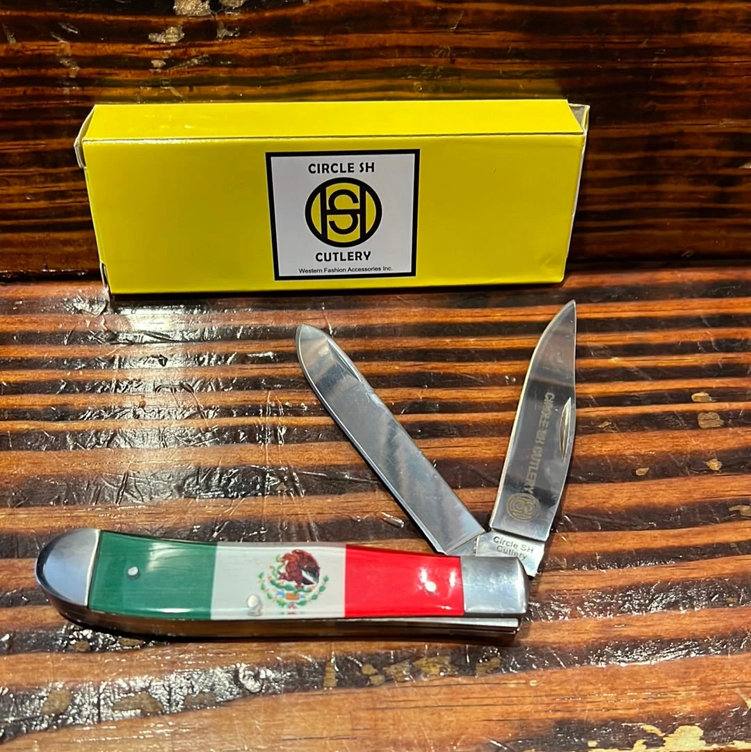 Circle SH Cutlery Acrylic Mexican Flag Print Trapper Knife 3 Circle SH Cutlery Acrylic Mexican Flag Print Trapper Knife