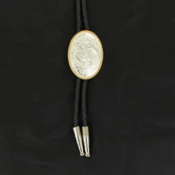 Western Mens Bolo Neck Tie Rope Edge Oval Silver Gold